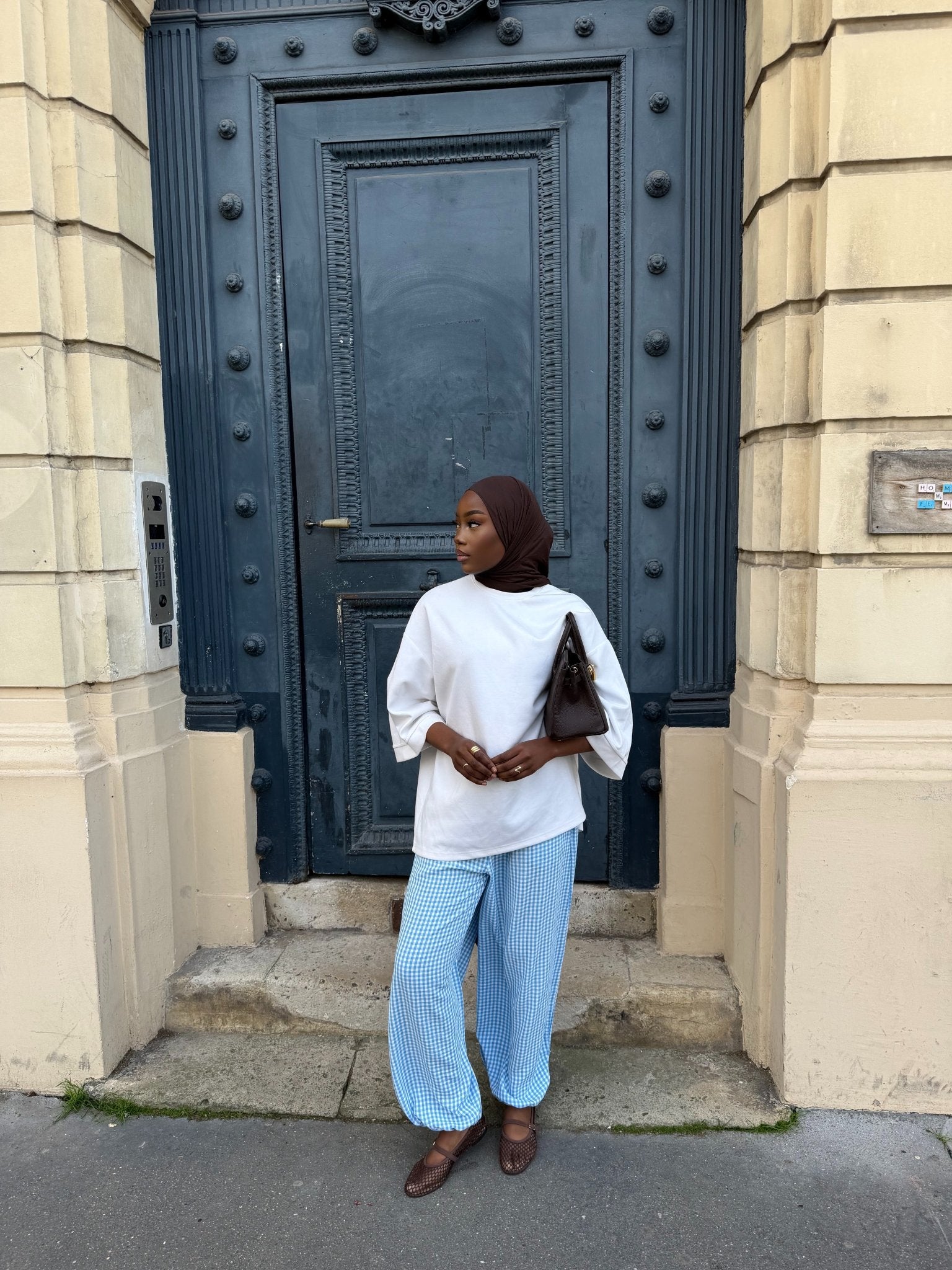Pantalon Madeleine Bleu ciel-Blanc (Carreaux)