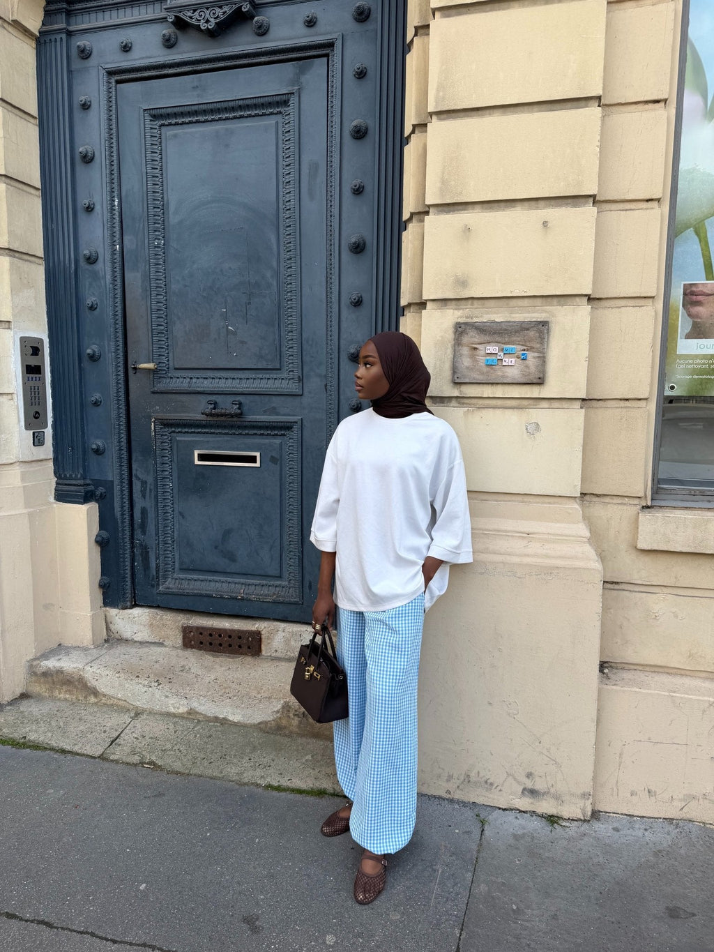 Pantalon Madeleine Bleu ciel-Blanc (Carreaux)