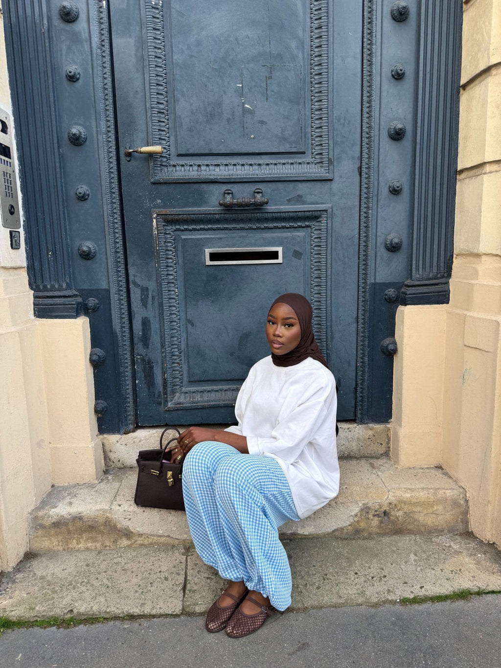 Pantalon Madeleine Bleu ciel-Blanc (Carreaux)