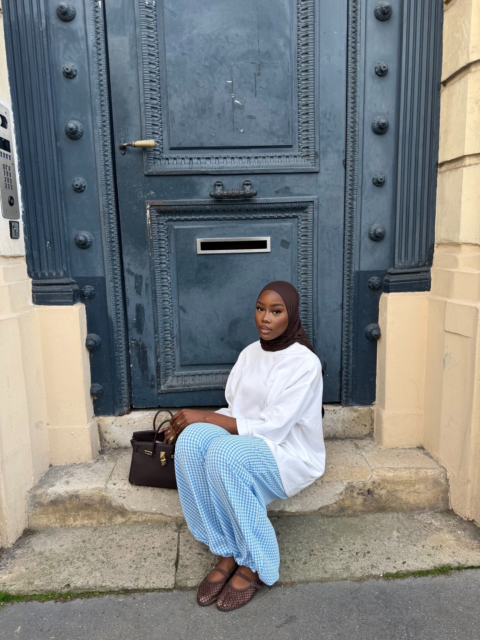 Pantalon Madeleine Bleu ciel-Blanc (Carreaux)